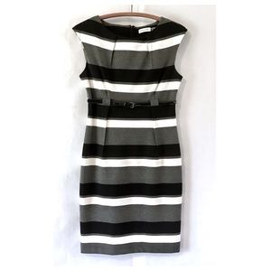Calvin Klein Black Grey White Striped Knit Sleeveless Dress